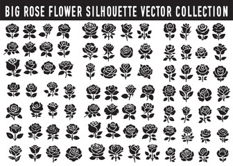 rose flowers silhouettes Vector set, set of decorative rose with leaves
