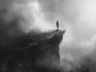 A dark figure stands on a cliff overlooking a foggy landscape.