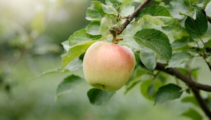 photo of a ripe apple hanging on a tree branch