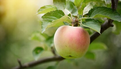 photo of a ripe apple hanging on a tree branch