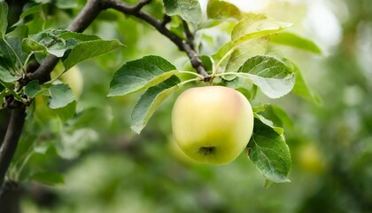 photo of a ripe apple hanging on a tree branch