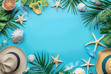 A painting of seashells, stars, sunglasses, straw hats and green pine branches on a blue background with copy space for advertising. Vacation, summer travel concept.
