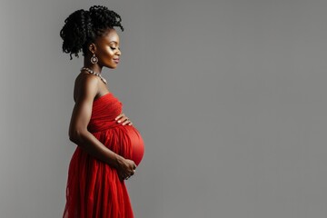 A pregnant African American woman in a red dress gently hugs her belly on a gray background. The concept of preparing women for pregnancy, childbirth, motherhood.