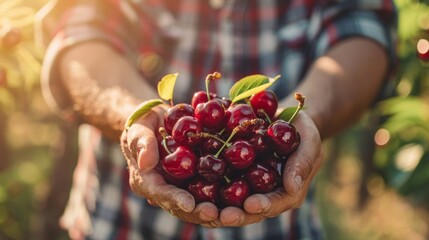 Close up Farmer's hands holding red ripe cherries. Harvest gathering concept.
