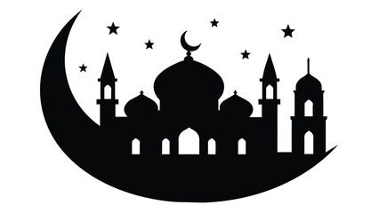 Mosque Silhouette with Crescent Moon and Stars for Islamic Holidays and Ramadan Design