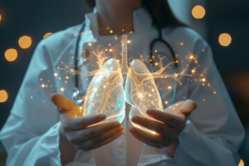 Close up hands of a doctor holding a holographic model of human lungs
