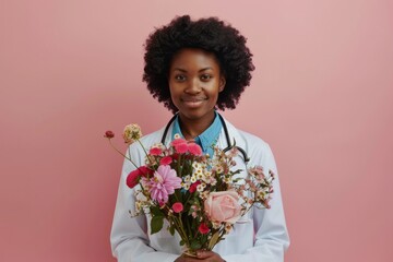 Portrait of an African American woman doctor nurse stands on a monochromatic background with a bouquet of flowers in her hands, concept for celebrating Doctor's Day, health day
