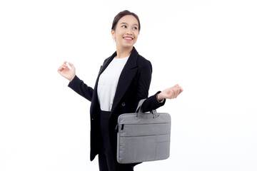 Beautiful portrait young business asian woman holding a briefcase isolated white background,...