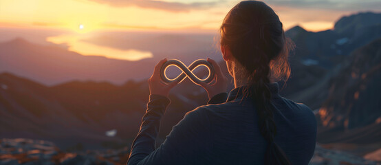 Rear view of a young woman holding an infinity symbol in her hands and facing the sunrise over the mountains.