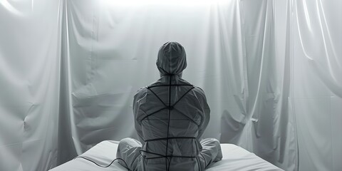 Patient restrained on bed in deserted psychiatric hospital with blank walls. Concept Abandoned Asylum, Patient Restraint, Blank Walls, Eerie Atmosphere, Mental Health Treatment