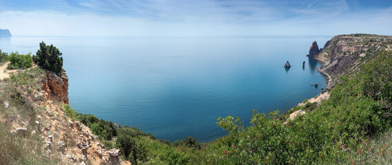 Obraz premium Seascape . Panoramic view of the sea coast of the Black Sea in the area of Cape Fiolent. Hiking trail at Cape Fiolent. Hiking trails on Cape Fiolent