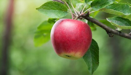 Obraz premium photo of a red ripe apple hanging on a tree branch