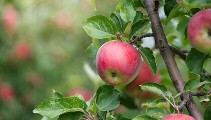 photo of a red ripe apple hanging on a tree branch