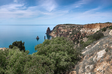 Seascape . Panoramic view of the sea coast of the Black Sea in the area of Cape Fiolent. Hiking...