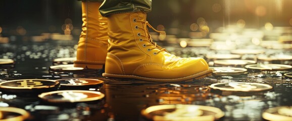 A Man With Yellow Boots Steps On Bitcoin Coins, Symbolizing The Dominance Of Traditional Currency Over Digital Assets,High Resolution