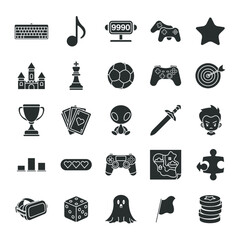 Obraz premium Video games, Game genres and attributes icon set, Included icons as Joystick, Keyboard, Virtual Reality, Castle and more symbols collection, logo isolated vector illustration