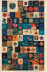 Quilt with numerous squares and floral patterns in various colors and sizes