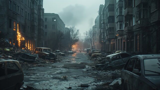 A desolate street lined with burnt cars and damaged apartments following conflict