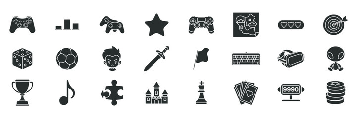 Video games, Game genres and attributes icon set, Included icons as Joystick, Keyboard, Virtual Reality, Castle and more symbols collection, logo isolated vector illustration