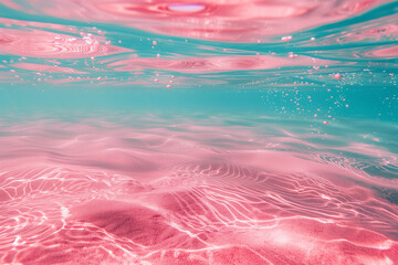 Pink and turquoise water under the sea, with light reflection on ripples. A pink sand bottom is...