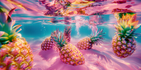 Pineapples floating in pink and cyan water. Underwater scene with bright and vibrant colors. Summer...