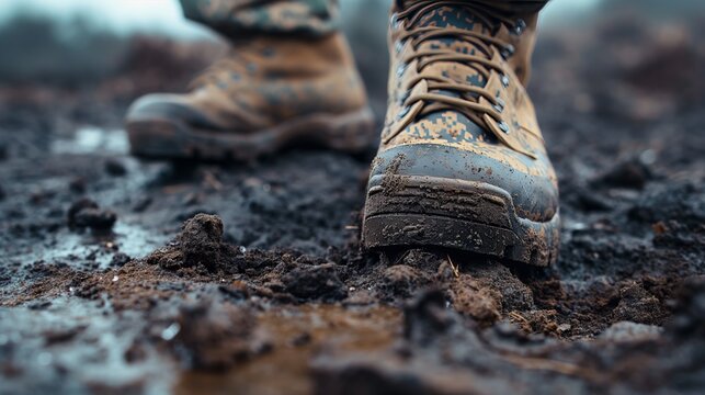 A pair of military boots trudging through thick mud