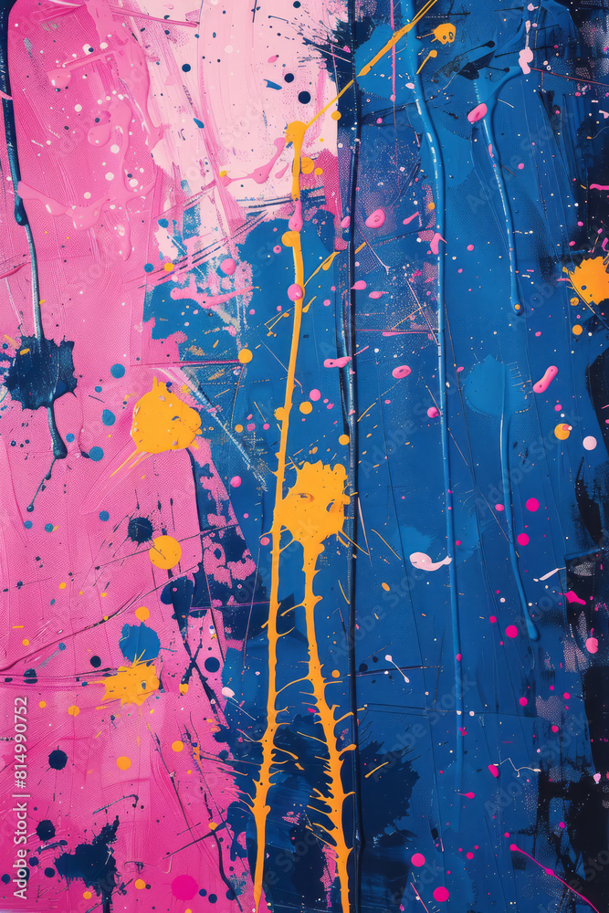 Poster electric blues and shocking pinks splattered across a canvas, capturing the vibrant atmosphere of a 