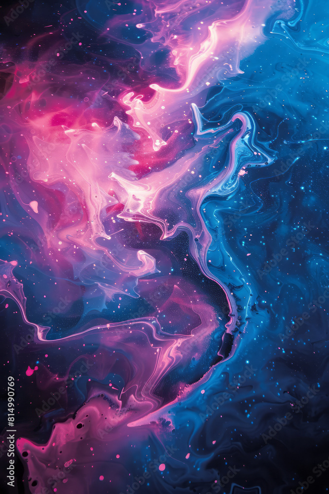 Poster electric blues and shocking pinks splattered across a canvas, capturing the vibrant atmosphere of a 