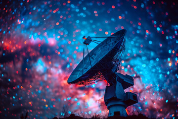 Radar radio telescope with antennas, satellite dish for space observatory, sending signals to the night sky, search for aliens