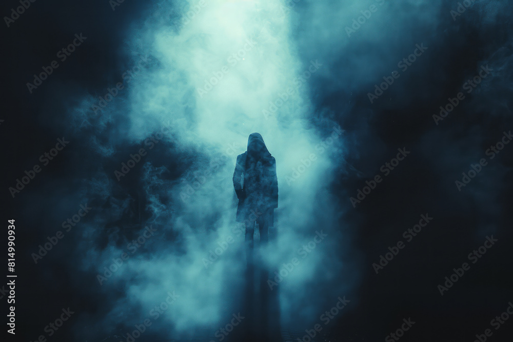 Poster dark background with a spotlight beam cutting through fog, focusing on an abstract, energetic figure