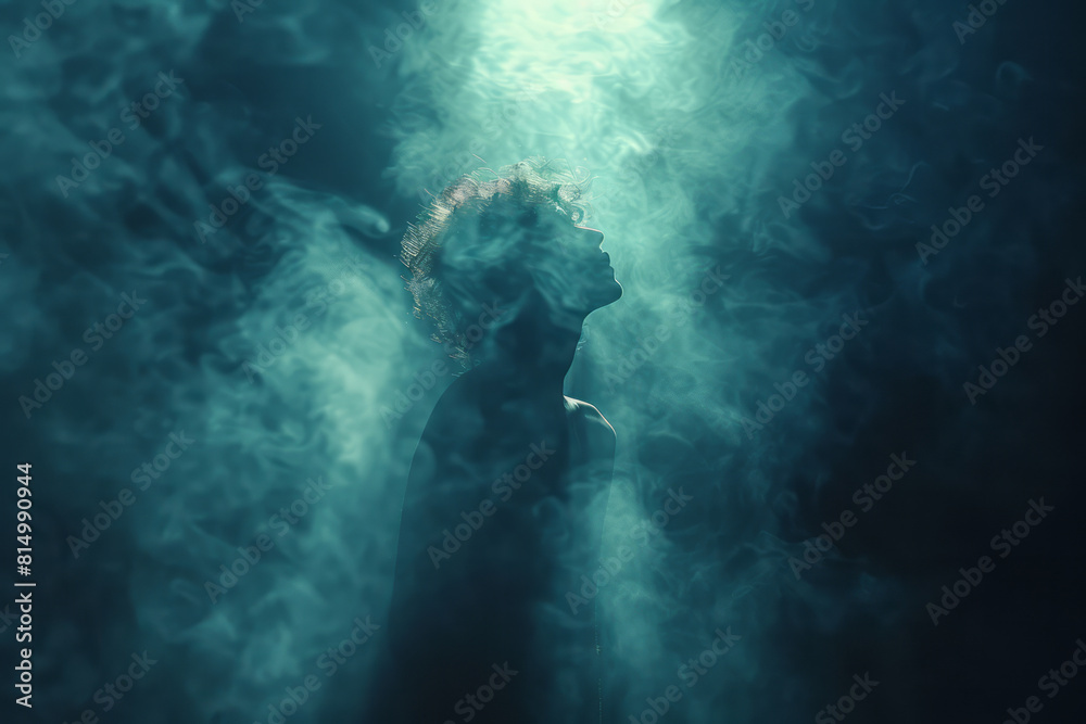 Poster dark background with a spotlight beam cutting through fog, focusing on an abstract, energetic figure