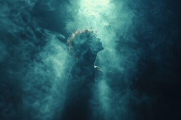 Dark background with a spotlight beam cutting through fog, focusing on an abstract, energetic figure representing a rock star,