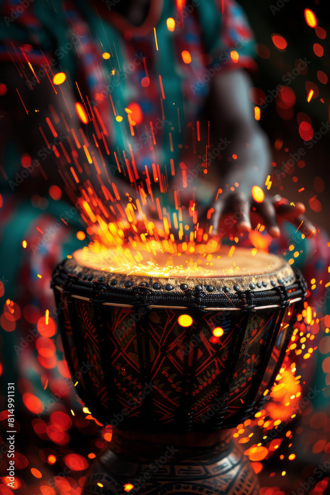 Poster Visualization of an African djembe drum, with its rhythmic patterns translated into a series of dynamic abstract forms,