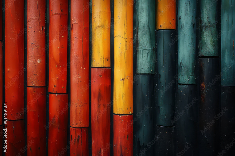 Poster stylized interpretation of a peruvian pan flute, with its pipes transforming into vertical, rhythmic