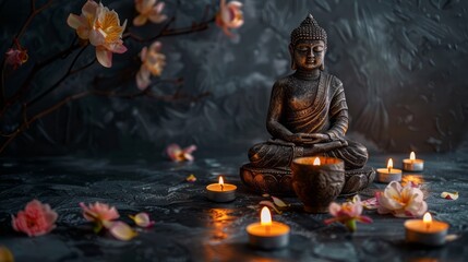 wide shot of buddha statue with two glowing clay lamps and flowers on black background. buddhism concept. with copy space. wesak day