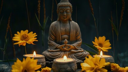 Obraz premium wide shot of buddha statue with two glowing clay lamps and flowers on black background. buddhism concept. with copy space. wesak day