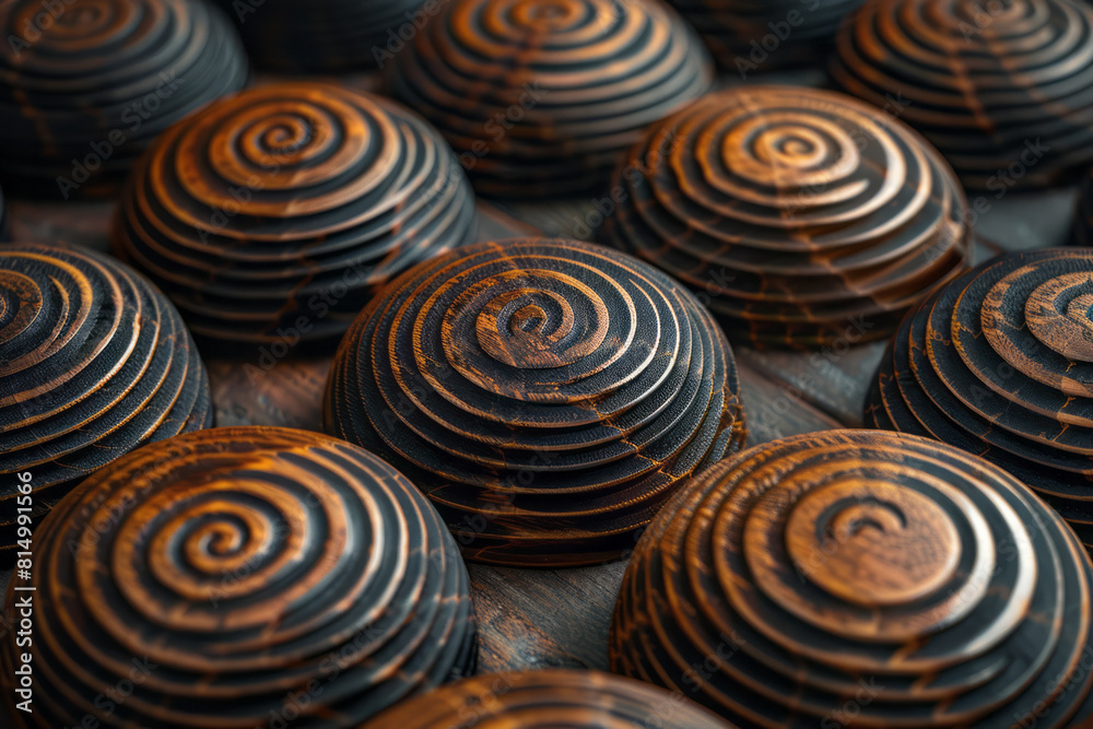 Fototapete Abstract visualization of a Spanish castanet, with its clapping action inspiring overlapping circular patterns,