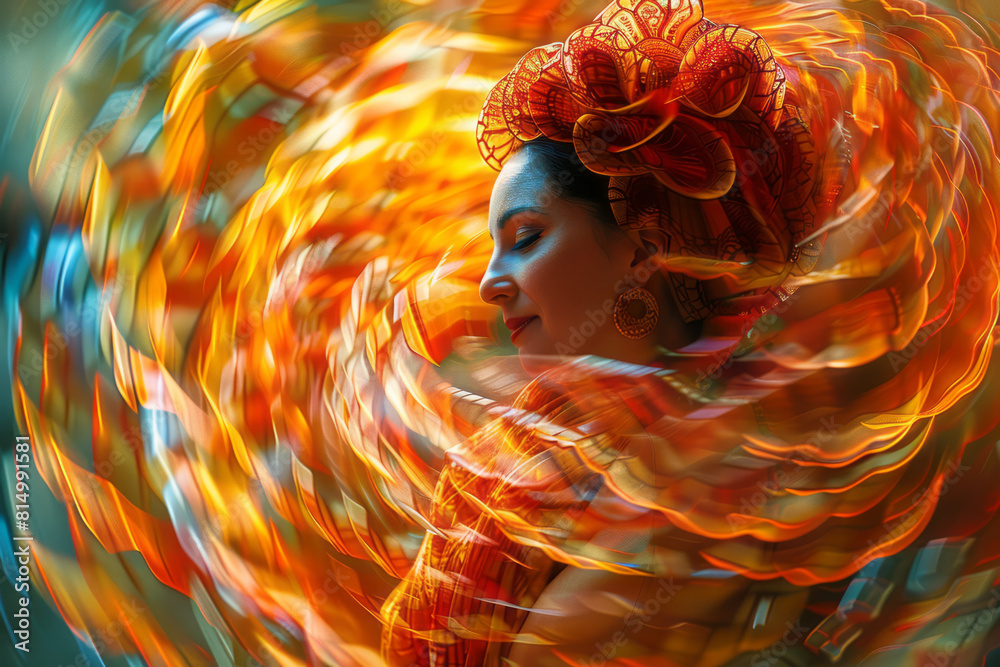 Fototapete Abstract visualization of a Spanish castanet, with its clapping action inspiring overlapping circular patterns,