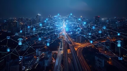 Fototapeta premium A bustling city at night with a network of glowing blue lines and icons representing data and communication.