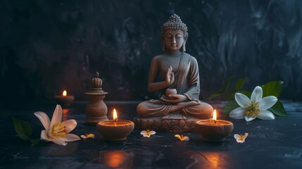 wide shot of buddha statue with two glowing clay lamps and flowers on black background. buddhism concept. with copy space. wesak day