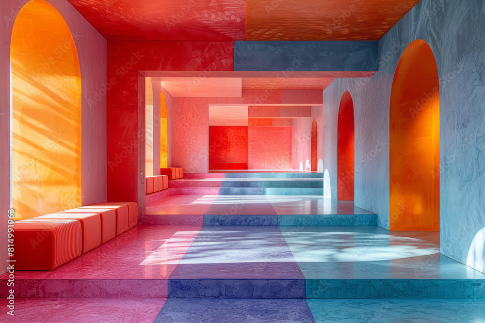 Fototapete sleek metallic surfaces interspersed with bright blocks of primary colors and subtle record player a