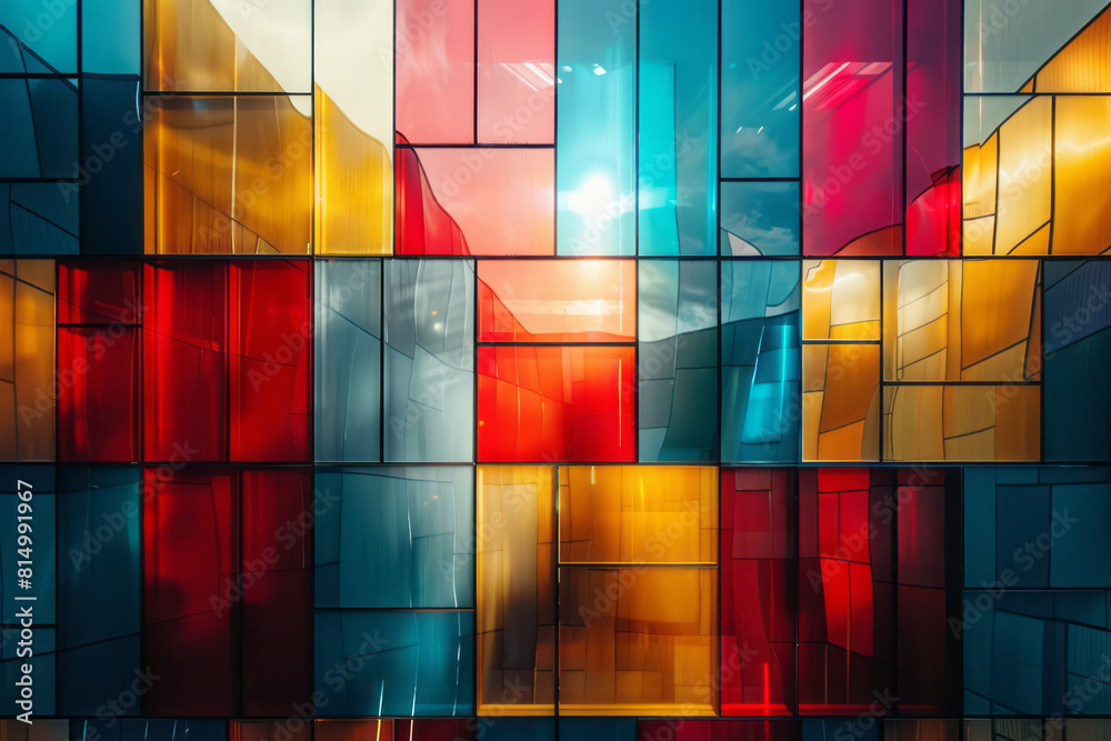Fototapete sleek metallic surfaces interspersed with bright blocks of primary colors and subtle record player a