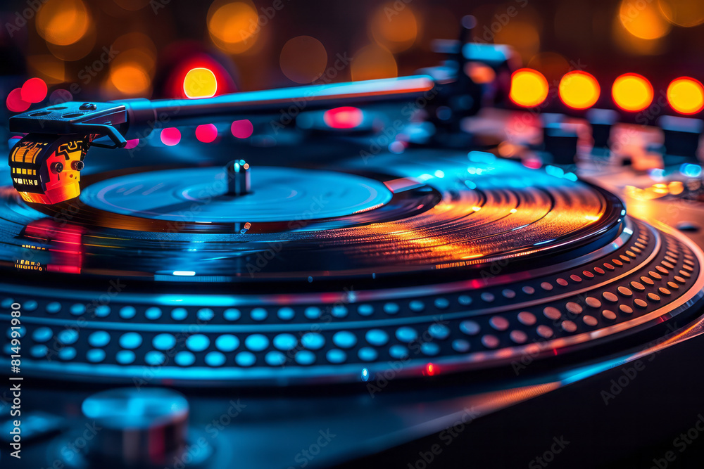 Fototapete sleek metallic surfaces interspersed with bright blocks of primary colors and subtle record player a