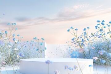 A podium surrounded by vibrant flowers, a burst of color and nature, perfect for showcasing beauty or spring-themed products.. Beautiful simple AI generated image in 4K, unique.