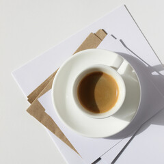 Cup of Espresso with Papers on White Background. Morning Coffee at Work.	