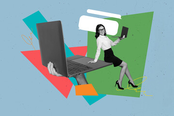 3D photo collage trend artwork sketch image of huge laptop type write black white business woman...