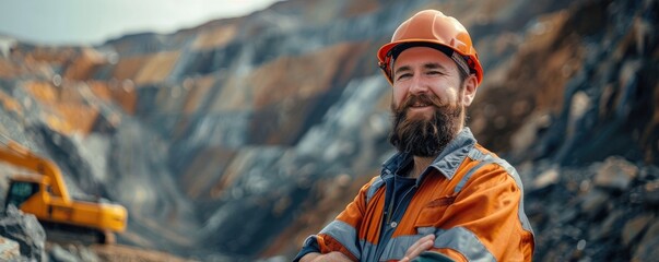 A rugged miner with a beard grins confidently in front of heavy-duty mining machinery