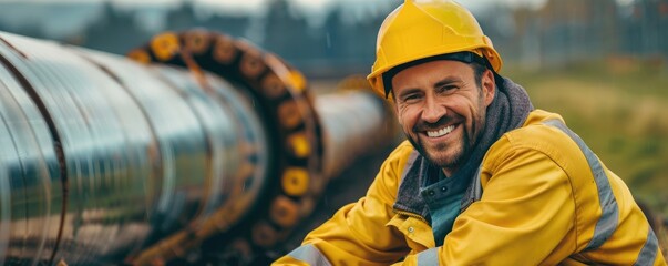 Smiling male construction worker in safety gear at a pipeline construction site