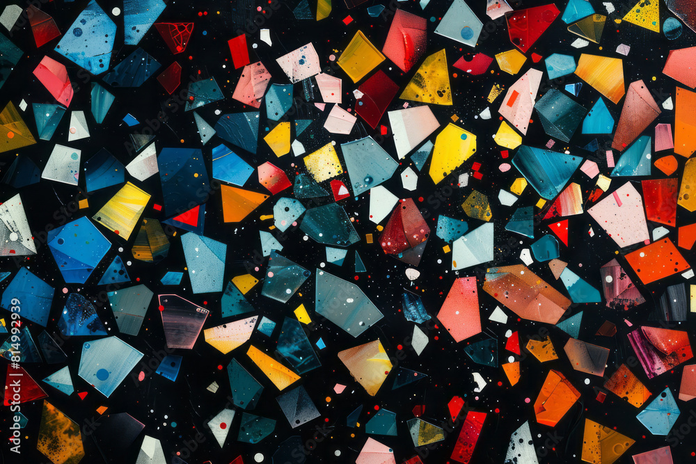 Poster abstract shapes in primary colors scattered across a black background, resembling the chaotic yet ha