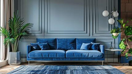 Interior of living room with blue sofa 3d rendering background,